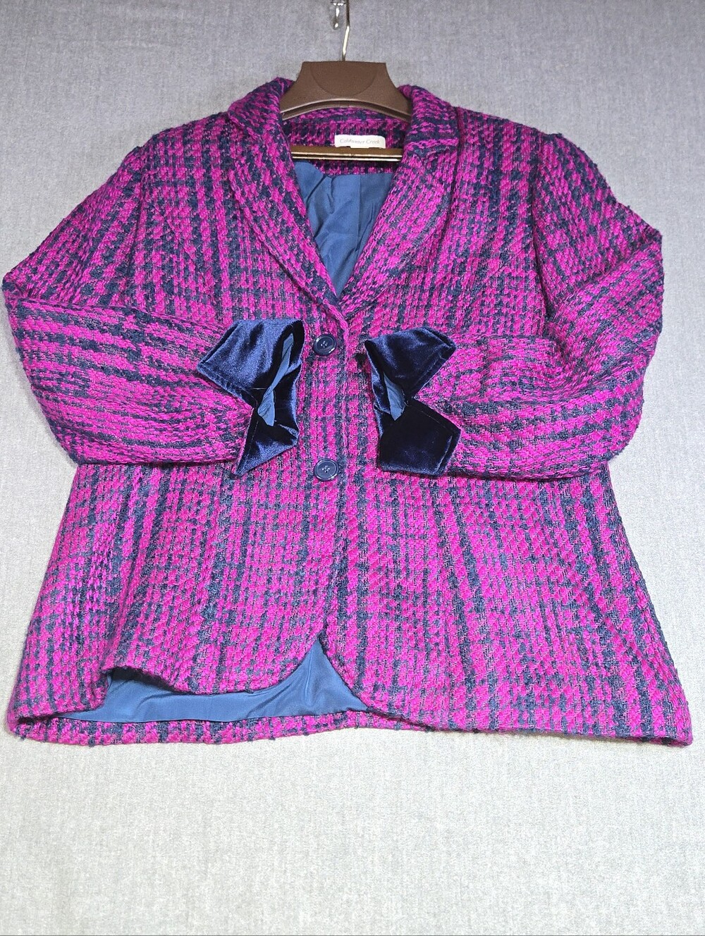 Coldwater Creek Magenta Pink Bouclé Tweed Blazer Jacket Womens 16 Velvet Trim